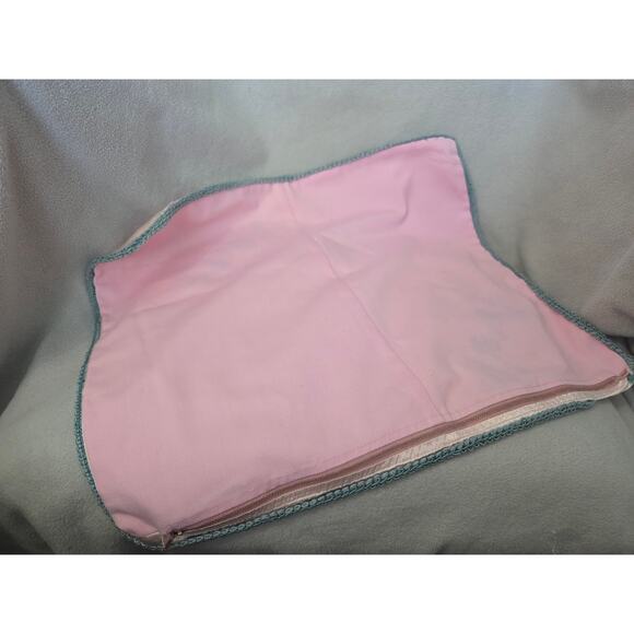 Vtg Light Pink Pillow Cover Satin Ribbon Hand Embroidered Floral Blue Couch - Picture 5 of 8